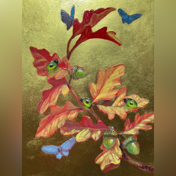 Artettina Other - Original Butterfly painting oak acorn art nature gold surreal nouveau Artwork US